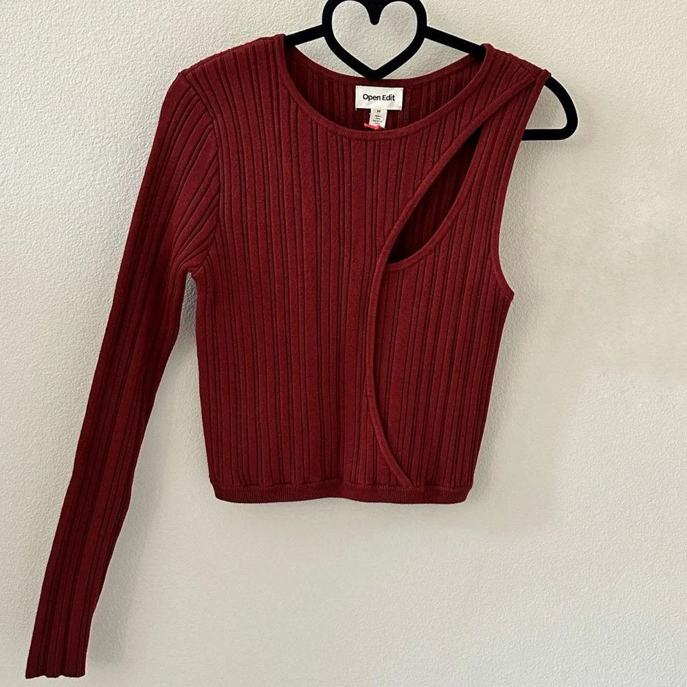 Open Edit Rust Orange Ribbed Cutout Knit Top NWT Size M